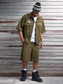 AXEPEAK 2 Peças Conjunto de Camisa de Manga Curta com Gola Padre e Bolso com Aba, Padrão Simples com Costura e Shorts Cargo Casuais para Homens, Conjunto de 2 Peças, Conjunto de Streetwear Masculino, Conjunto de Shorts de 2 Peças Masculino, Conjunto de Shorts Hip Hop Masculino, Conjunto de Streetwear Masculino, Conjunto de Shorts de 2 Peças Masculino, Conjunto de Roupas de Férias Masculino, Conjunto de Streetwear Esportivo Masculino - Verde Militar - Visão 9