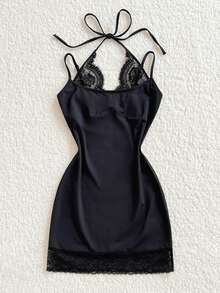 Đầm ngắn ôm sát cơ thể màu đen tối giản dành cho nữ, phối ren, kiểu dáng thường ngày. - màu đen - Xem 3