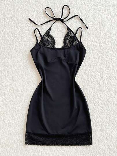 Elamini Đầm ngắn ôm sát cơ thể màu đen tối giản dành cho nữ, phối ren, kiểu dáng thường ngày.