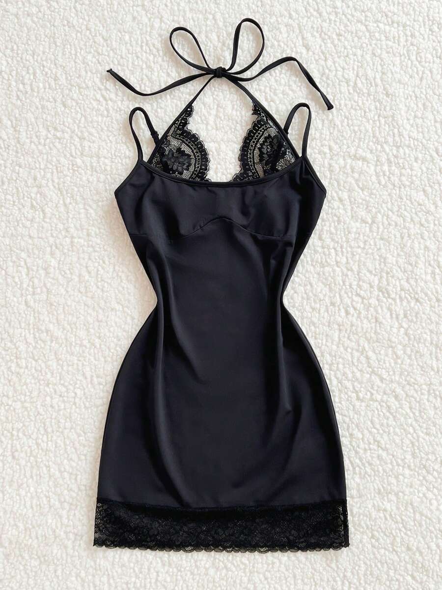 Elamini Đầm ngắn ôm sát cơ thể màu đen tối giản dành cho nữ, phối ren, kiểu dáng thường ngày. - màu đen - Xem 1