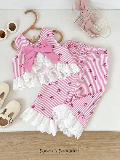 SHEIN Bộ áo vest ren phối ren trang trí nơ cho bé gái và quần dài thời trang thường ngày.