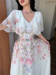 Modelyn Petite V-Neck Shawl Design Waist Cinched Flared Floral Print Chiffon Dress For Women ,Petite Women - Multicolor - View 7