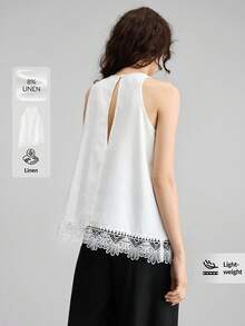 Ontre Áo hai dây không tay phối ren, vạt lệch, chất liệu vải lanh pha, dành cho nữ, thoải mái, đa năng, thích hợp đi biển, nghỉ mát, lễ hội âm nhạc, phong cách thường ngày thanh lịch. - trắng - Xem 4