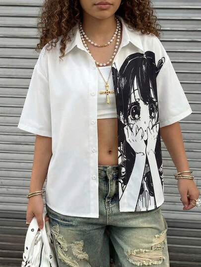 SHEIN Teenage Girls' Black & White Plaid Letter Print Drop Shoulder Short Sleeve Shirt, Children's Cropped Cardigan, Shirt Collar, Drop Shoulder Design, Low Neckline, Girls' Plaid & Letter Print Short Sleeve Top, Suitable For Daily Wear, Outings, Spring & Summer