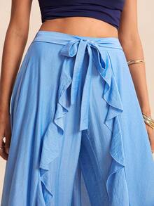Women's Spring/Summer Vacation Blue 2 In 1 Ruffle Hem Culottes,  Prom Pants - Sky Blue - View 7