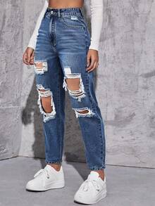 SHEIN EZwear Casual Washed Distressed Tapered Jeans Everyday Blue White Striped Summer - Light Wash - View 5