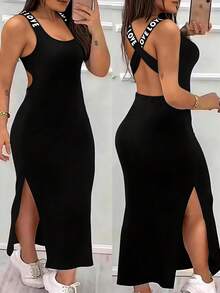 SHEIN LUNE 女士无袖露背高腰开衩字母印花连衣裙 - 黑色 - 查看 1