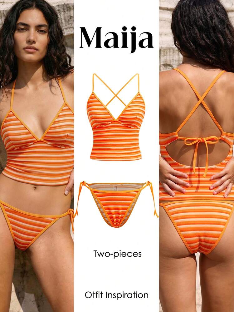 SHEIN Maija Women's Striped Criss-Cross Strap Casual Swimsuit Set,Vacation Outfits Women,Summer Holiday Outfits ,Beach Vacation Outfits For Women Orange Striped Bikini Top Orange Striped Bikini Bottom Orange Bikini With Stripes Bikini Orange Orange Swimsuit Women's Swimwear Women Swim Suit Set Capri Beach Outfit For Women Beach Vacation Outfits For Women