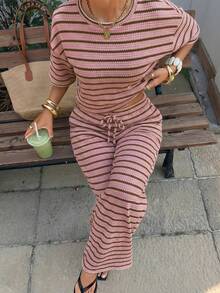 Muchica Women's Summer New Textured Dusty Pink Stripe Loose Short Sleeve T-Shirt And Pants Set, Casual Vacation Outfits 2 Pieces Set Loungewear Brunch Travel - Pink - View 5