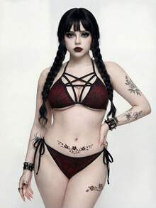 ROMWE Goth Bộ đồ bơi 2 mảnh cỡ lớn dành cho nữ, bikini lưới jacquard gợi cảm cho kỳ nghỉ hè. - Đỏ - Xem 4