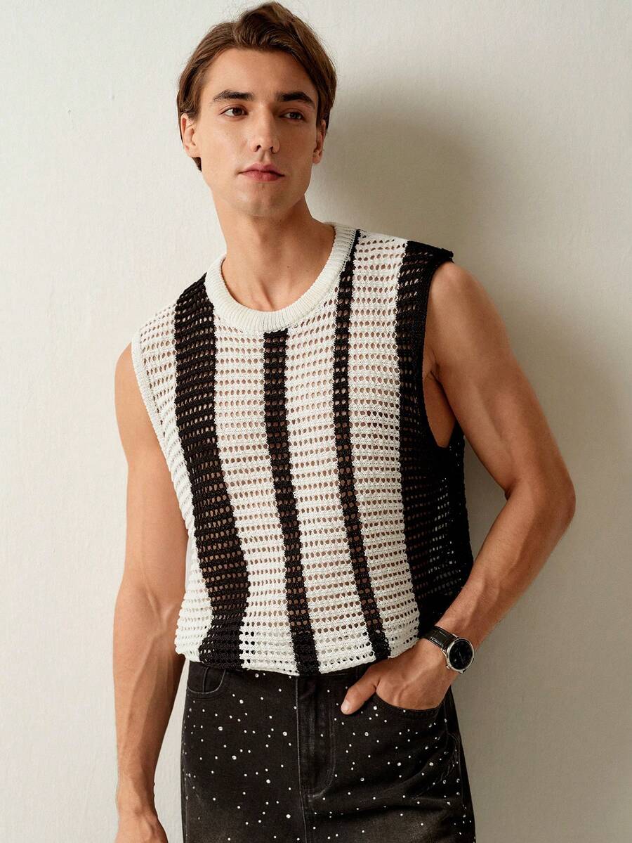 RONVEXI Men's Versatile Casual Hollow Striped Mesh Knit Vest - Multicolor - View 1