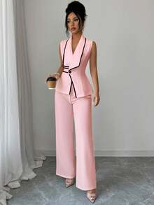 Elenzga Bộ đồ hai mảnh dành cho nữ, gồm áo croptop không tay vạt lệch và quần ống đứng, chất liệu vải dệt, trang phục công sở/đi làm thanh lịch, thích hợp cho mùa xuân/hè. - Hồng - Xem 3