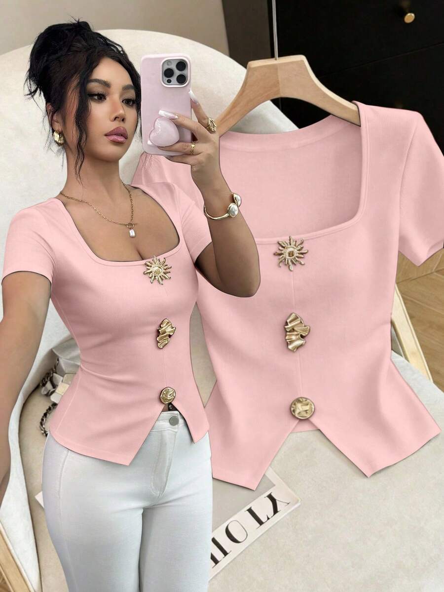 Elenzga Áo kiểu nữ tay ngắn màu đen cổ vuông đính kim loại, thanh lịch, phong cách nghỉ dưỡng hiện đại, thích hợp mặc hàng ngày, dự đám cưới, dạ hội, đi làm, tiệc tốt nghiệp, các ngày lễ, kỳ nghỉ, hẹn hò, tiệc tùng, Halloween, Giáng sinh, Năm mới, Lễ Tạ ơn, đám cưới. - Hồng - Xem 1