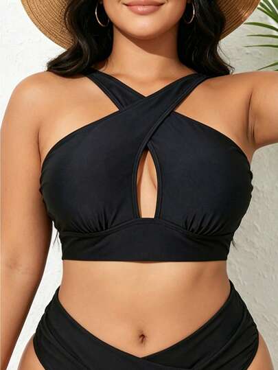 Swim Lushoire 2026新款加大码女士黑色交叉镂空泳衣上装，适合海滩度假、夏季旅行、派对穿着，优雅女士泳装，女士度假套装