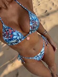 Swim Mod Women's Random Floral Print Halter Metal Jewelry Bikini Set, Spring/Summer Bikinis Set For Women Push Up Swimwear Elegant - Multicolor - View 1