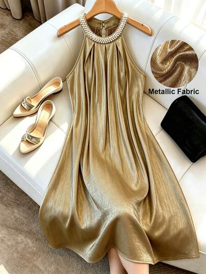 Franclia Đầm mùa hè cổ yếm đính ngọc trai dáng chữ A thanh lịch, thích hợp cho tiệc đêm giao thừa, dạ hội Giáng sinh, trang phục tỏa sáng.