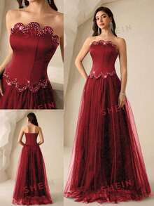 Coutiva Women's Rhinestone Embellished Mesh Patchwork Maxi Formal Gown (Heavy Embroidery) - Burgundy - View 5