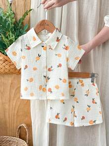 SHEIN Vintaside Kids Baby Boy Fruit Print Short Sleeve Shirt And Shorts Set - Apricot - View 3