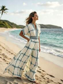 SHEIN LUNE Women's Summer Beige Boho Breezy Beach Vacation Holiday Outfits, V-Neck Loose Cropped Top And Wide Leg Pants Set, Urban Chic Elegant Party Wear - Blue - View 1