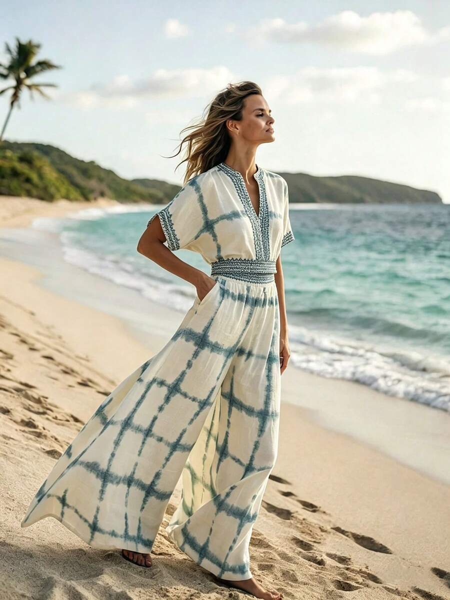 SHEIN LUNE Women's Summer Beige Boho Breezy Beach Vacation Holiday Outfits, V-Neck Loose Cropped Top And Wide Leg Pants Set, Urban Chic Elegant Party Wear - Blue - View 1