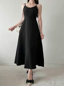 FRIFUL 女士前系带长袖上衣和吊带连衣裙优雅两件套家居服套装 - 黑色 - 查看 7