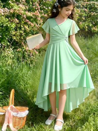 Đầm dài không tay cổ chữ V thanh lịch cho bé gái, chất liệu chiffon, vạt bất đối xứng, màu xanh dương.