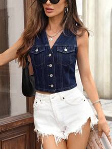 Selenza Áo khoác gile denim nữ thời trang thường ngày đa năng - Rửa tối - Xem 6