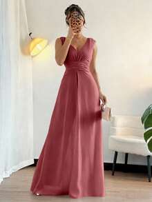 Elegante mono de pierna ancha con cuello en V, cintura fruncida y detalles de perlas en gasa, adecuado para invitados de boda, color púrpura - Rosa Oxidada - Ver 3