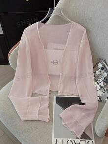 K-Vae Cárdigan ligero y transparente con textura delicada para mujer, chaqueta corta con botones de perla para el verano - Rosa - Ver 1