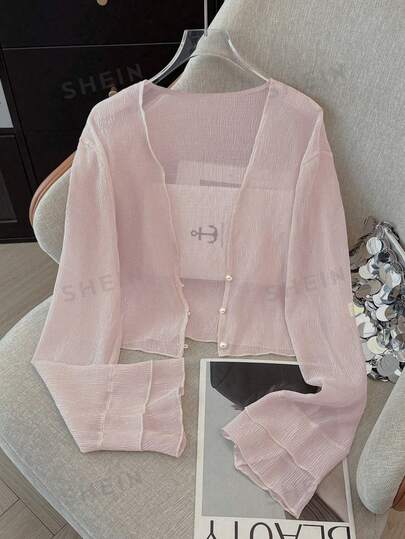 K-Vae Áo khoác cardigan mỏng nhẹ, tinh tế dành cho nữ, kiểu dáng ngắn cài khuy ngọc trai, thích hợp cho mùa hè.