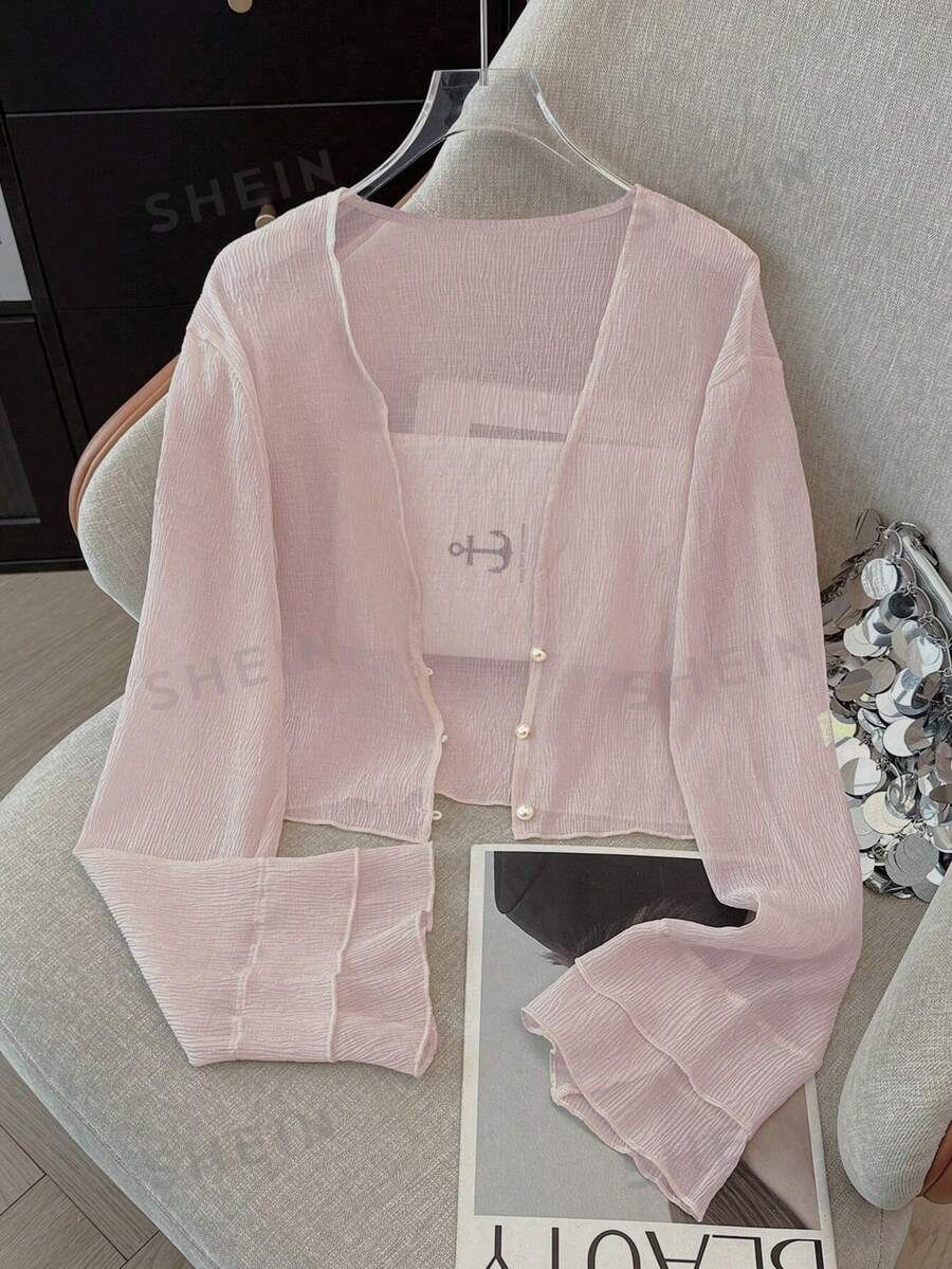 K-Vae Cárdigan ligero y transparente con textura delicada para mujer, chaqueta corta con botones de perla para el verano - Rosa - Ver 1