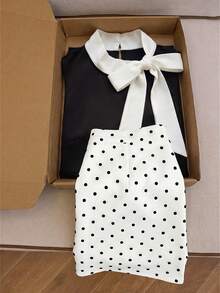 SHEIN Franclia Women 70s Retro Black And White Polka Dot Summer Mini Skirt Set,Fashion Bow-Tie Strap Camisole & Print Skirts For Date,Valentine's Day,Beach,Wedding - Black and White - View 4