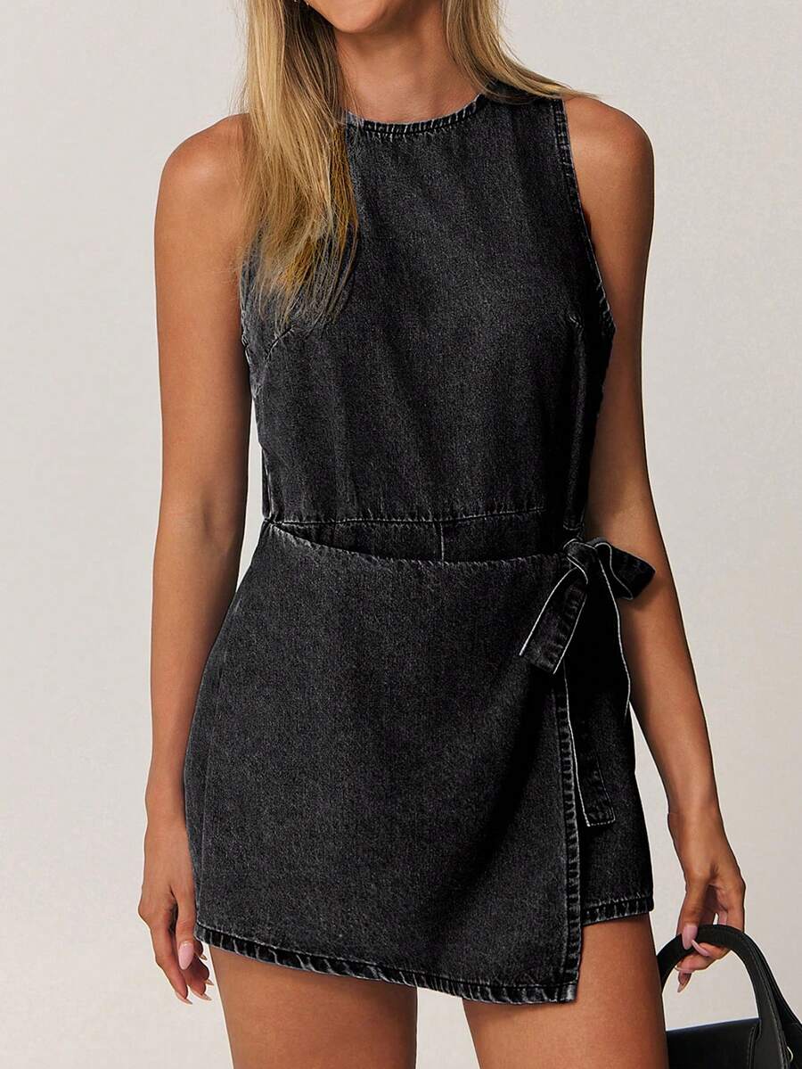 SHEIN Forever 21 Women's Solid Color Denim Dungarees And Jumpsuit, Minimalist & Fashionable, Suitable For Summer - Black - View 1