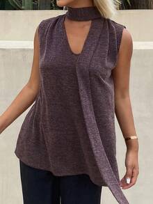 DAZY Women's Summer Sleeveless Splice Tie Neck Casual Sexy T-Shirt Golf Pastal Vacation - Purple - View 5