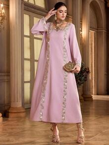 Al Najma Robe de style arabe élégante avec décoration de ruban pailleté pour femmes - Vieux Rose - Voir 4