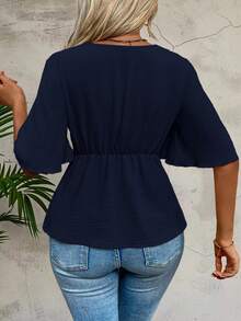 Linhara CURVE Women's Solid Color Waist Tie Ruffle Sleeve Casual Shirt - Navy Blue - View 2