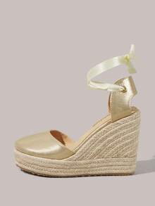 Styleloop Giày nữ, màu vàng, giày rơm dây gai, sandal đế xuồng, giày bohemian giúp tăng chiều cao cho kỳ nghỉ. - Vàng - Xem 3