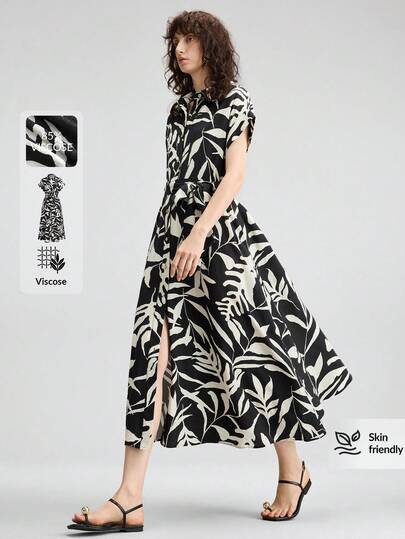 Ontre 2026SS New Women's Long Floral Print Dress, Vacation Style, Holiday Outfit, Black & White Dress, Waist Cinched, Short Sleeve, Collar, Minimalist Elegant Urban Chic Commute Teacher Outfit, Summer Holiday Wear, Beach Vacation Dress, Long Wedding Guest Dress, Party Dress, Romantic Date Outfit, Comfortable Loose Waist Design, Fashionable Popular Women Long Dress,Summer Dresses For Women