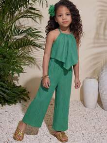 SHEIN Bộ đồ thường ngày cho bé gái, áo tank top và quần dài màu trơn, vạt áo bất đối xứng. - màu xanh lá - Xem 4