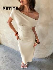 SHEIN Aloruh Petite PETITE 女士夏季新款杏色通勤、休闲、办公褶皱修身中长连衣裙 - 杏色 - 查看 3