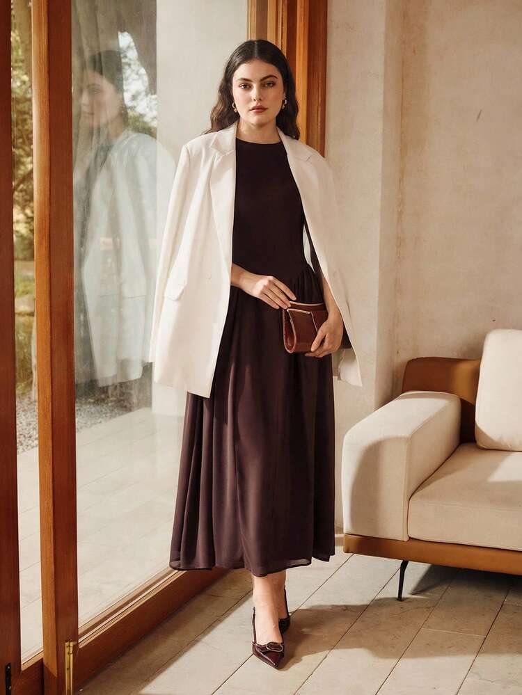 Women's Elegant Minimalist High-End Deep Coffee Stand Collar Split Elegant Dress