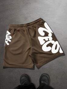 SLATEMANN Men's Letter Print Drawstring Waist Casual Versatile Daily Wear Shorts - Coffee Brown - View 3