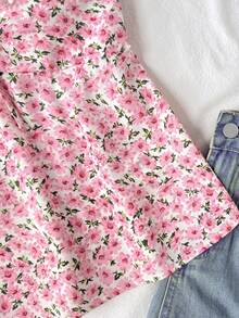 Tween Girls Floral Lace Trim Shirred Printed Blouse, Casual Vacation French Short Sleeve Shirt - Pink - View 4