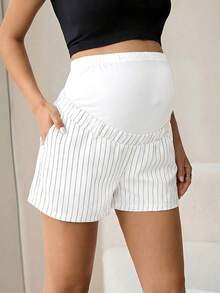 MaterniWear Quần short bầu dáng casual kẻ sọc, cạp chun điều chỉnh được, thích hợp cho kỳ nghỉ hè và đi làm hàng ngày. - trắng - Xem 3