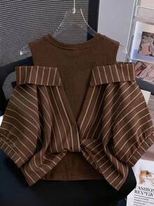 GlowEve Striped Faux Two-Piece Shirt Vacation Outfits For Women - Coffee Brown - View 2