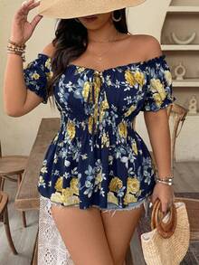 Weeklong Spring/Summer New Plus Size Women's Off Shoulder Cinched Waist Chest Tie Dye Print Elegant Fashion Blouse, Suitable For Dates, Travel, Etc. - Blue and White - View 4