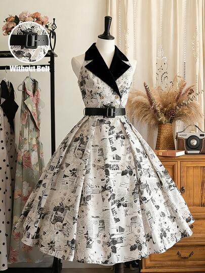 Elenzga Women's Patchwork Color Pleated Elegant Waist Midi Dress For Party