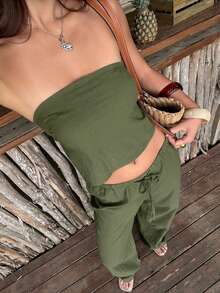 SHEIN VCAY Bộ 2 món áo ống dệt trơn hở lưng và quần ống rộng cạp cao cho nữ - Màu xanh Bạc hà - Xem 4