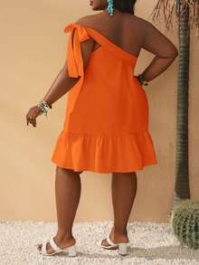 Slaydiva Plus Size Women Casual Vacation One Shoulder Ruffle Hem Dress - Orange - View 2