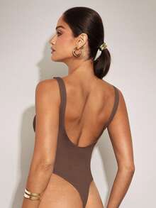 Silquee Women's Solid Chocolate Color Bodysuit, Basic Bodysuit - Mocha Brown - View 3